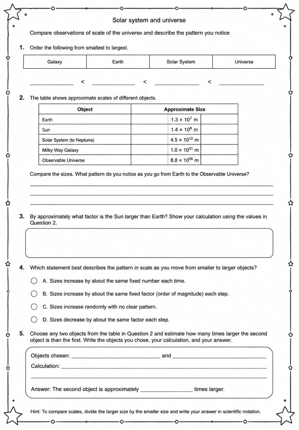 Compare observations of scale of the universe and describe the pattern you notice — free printable Middle School Science worksheet