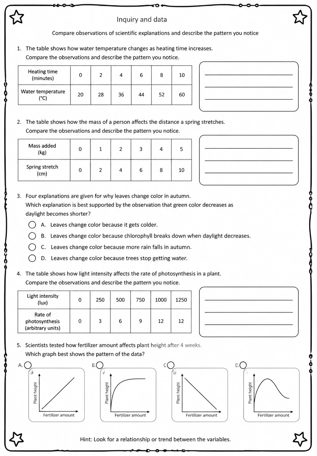 Compare observations of scientific explanations and describe the pattern you notice — free printable Middle School Science worksheet