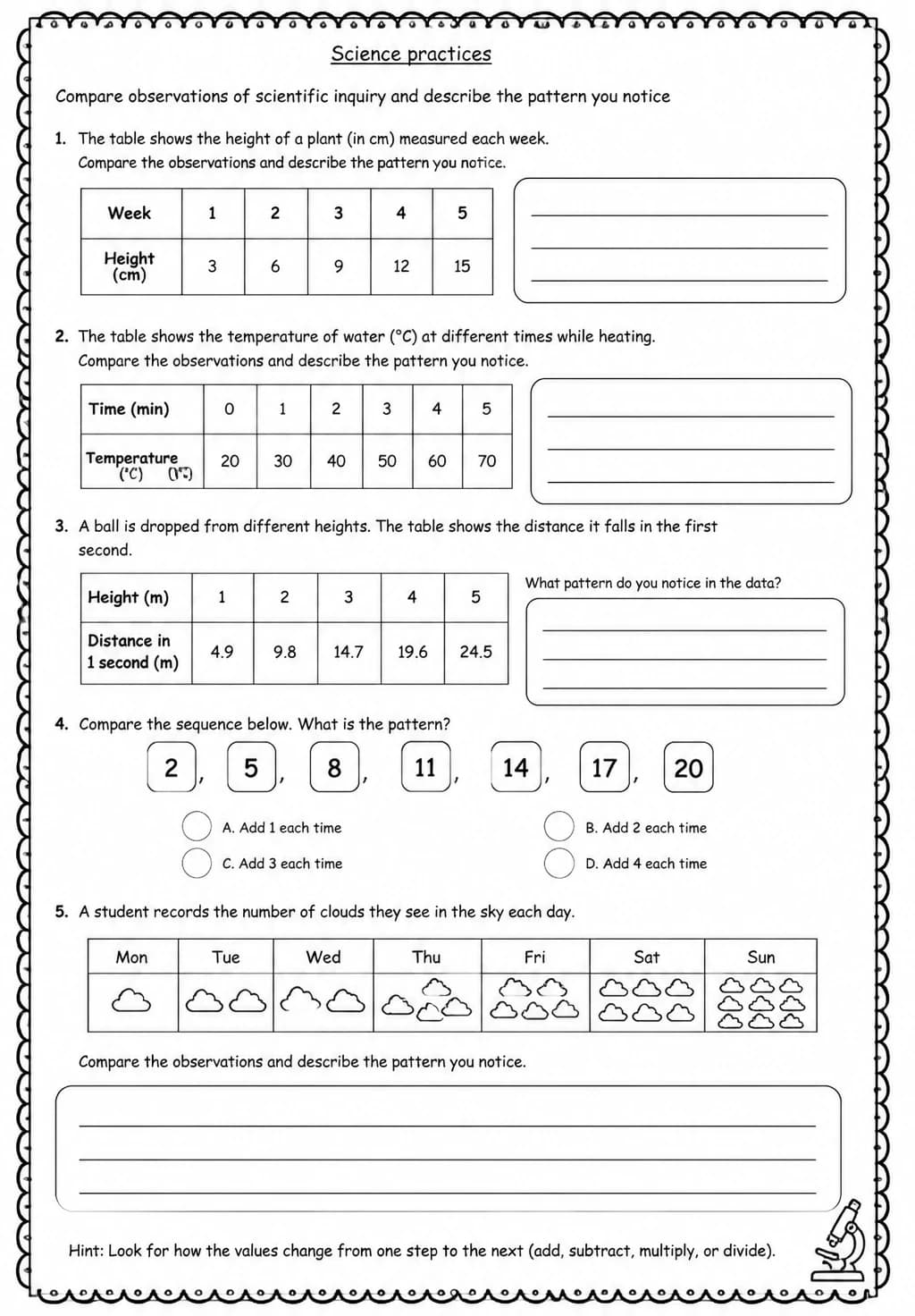 Compare observations of scientific inquiry and describe the pattern you notice — free printable Middle School Science worksheet