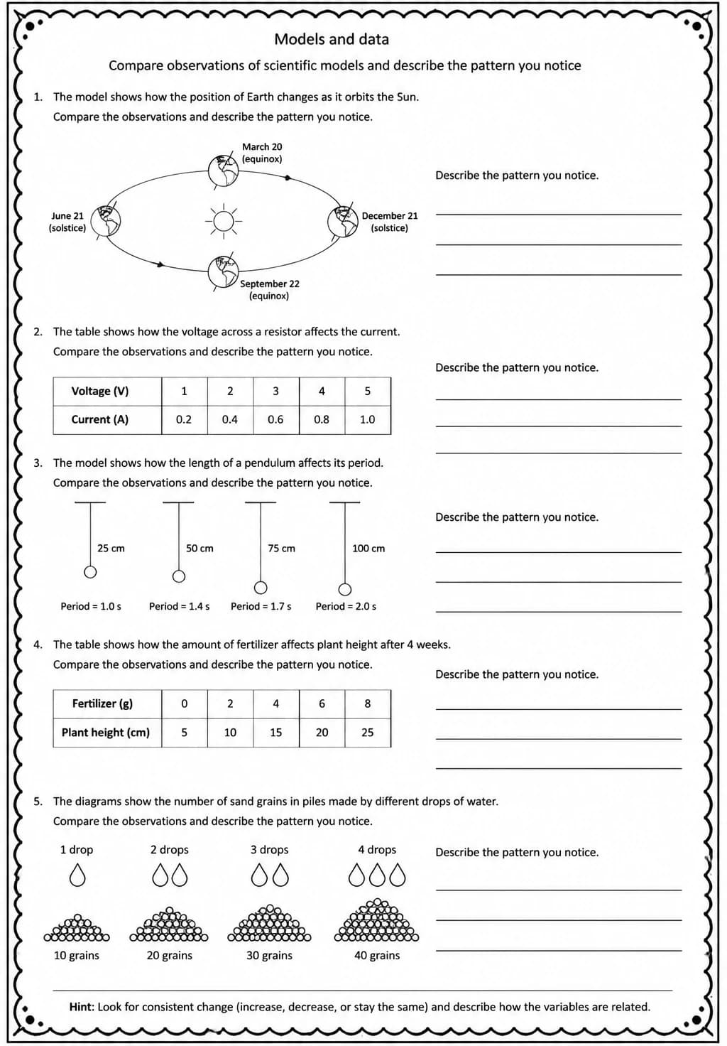 Compare observations of scientific models and describe the pattern you notice — free printable Middle School Science worksheet