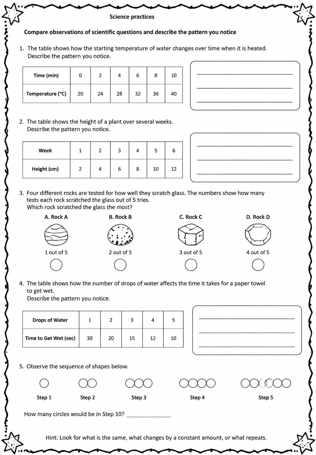Compare observations of scientific questions and describe the pattern you notice — free printable Grade 5 Science worksheet