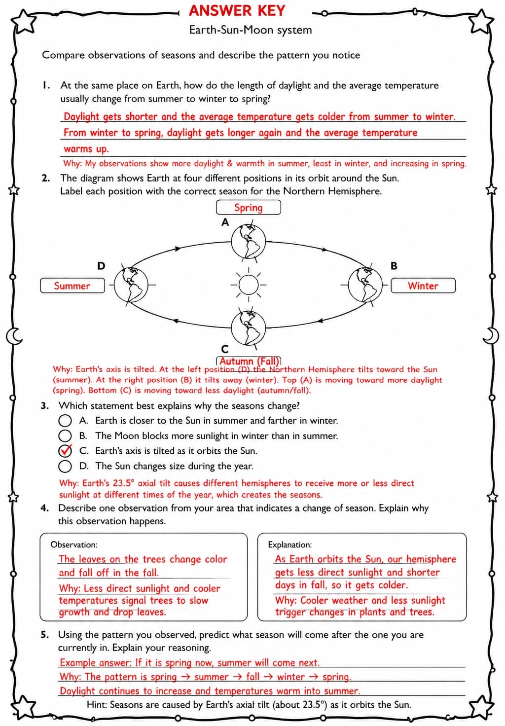 Answer key for Compare observations of seasons and describe the pattern you notice — free printable Science worksheet