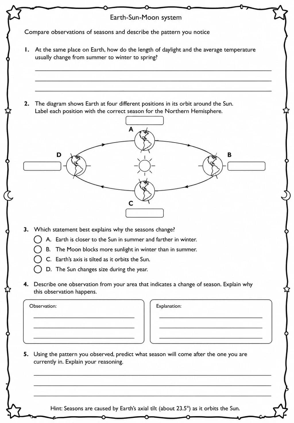 Compare observations of seasons and describe the pattern you notice — free printable Middle School Science worksheet