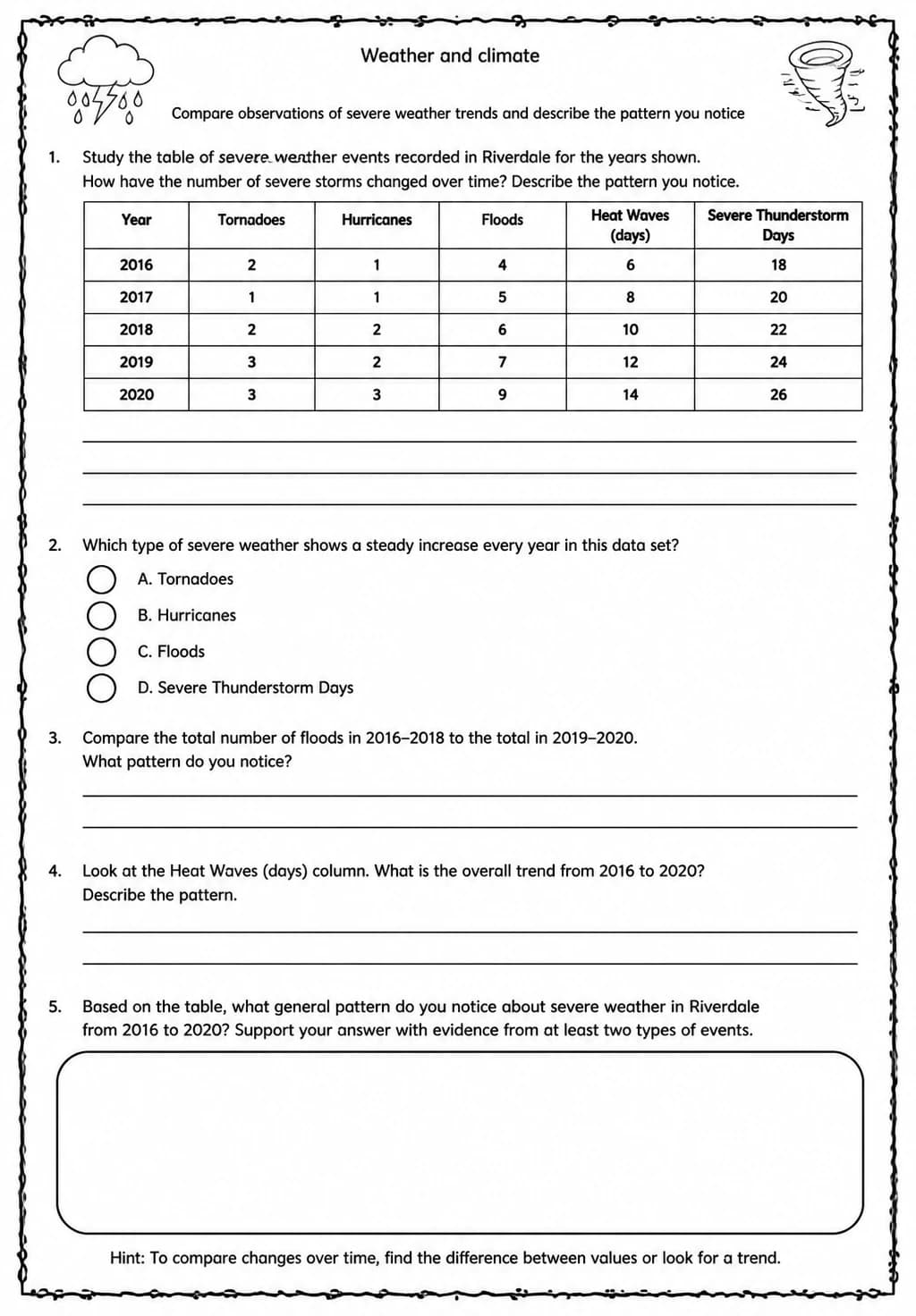 Compare observations of severe weather trends and describe the pattern you notice — free printable Middle School Science worksheet