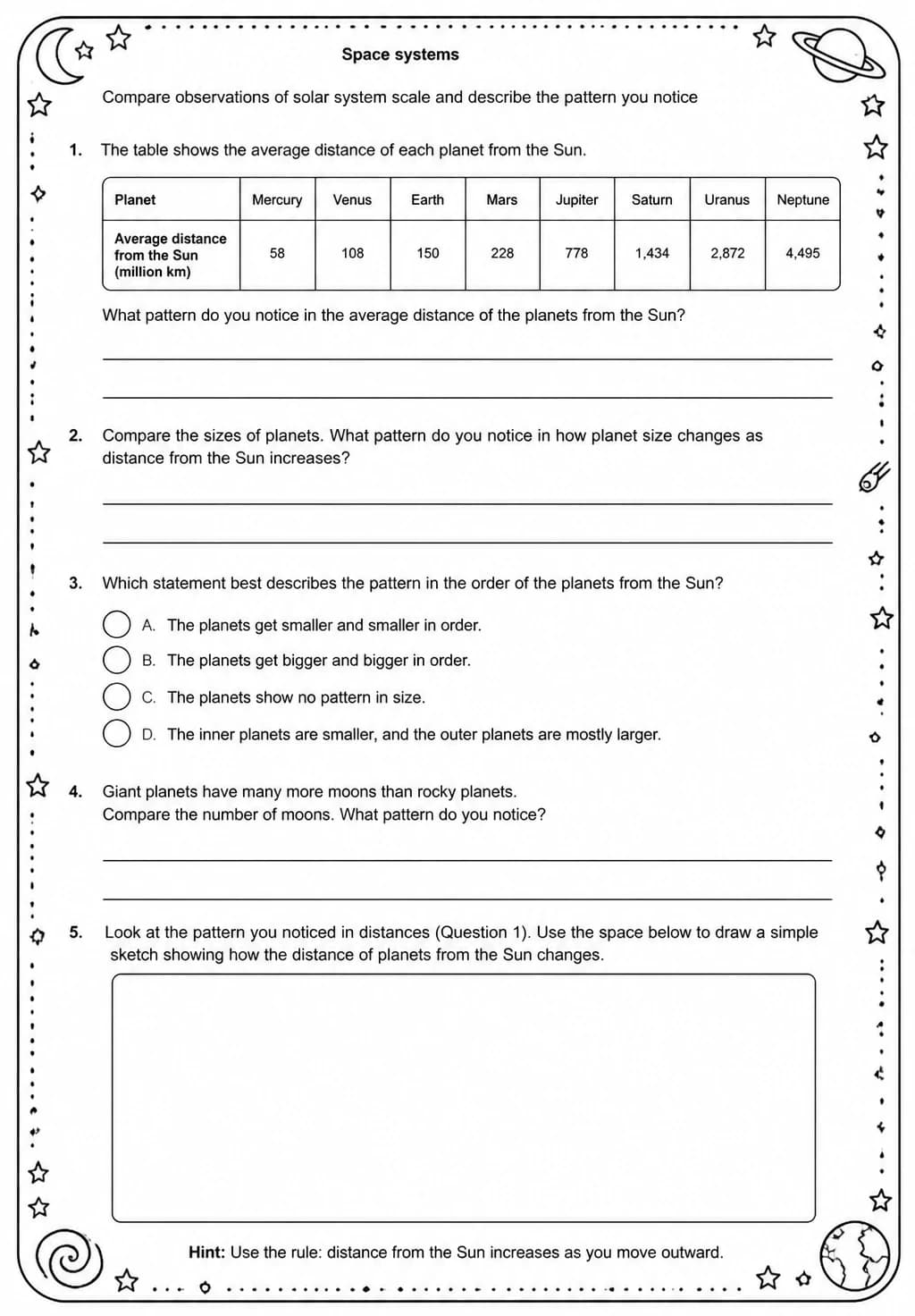 Compare observations of solar system scale and describe the pattern you notice — free printable Middle School Science worksheet