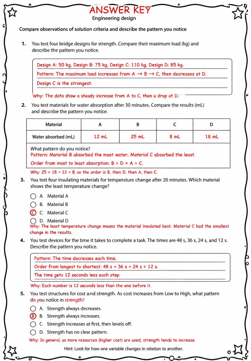 Answer key for Compare observations of solution criteria and describe the pattern you notice — free printable Science worksheet