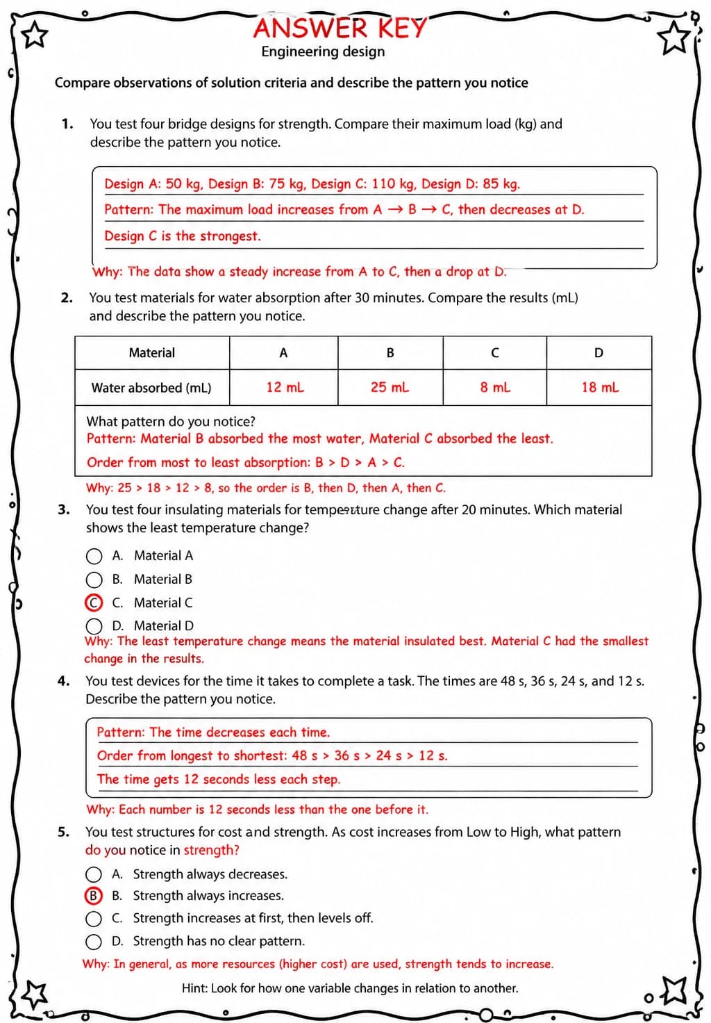 Answer key for Compare observations of solution criteria and describe the pattern you notice — free printable Science worksheet