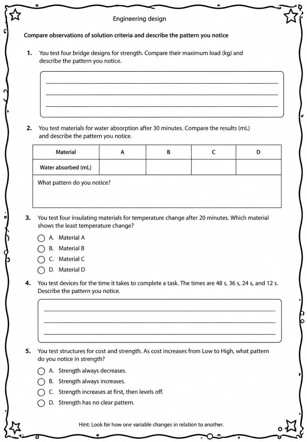 Compare observations of solution criteria and describe the pattern you notice — free printable Middle School Science worksheet