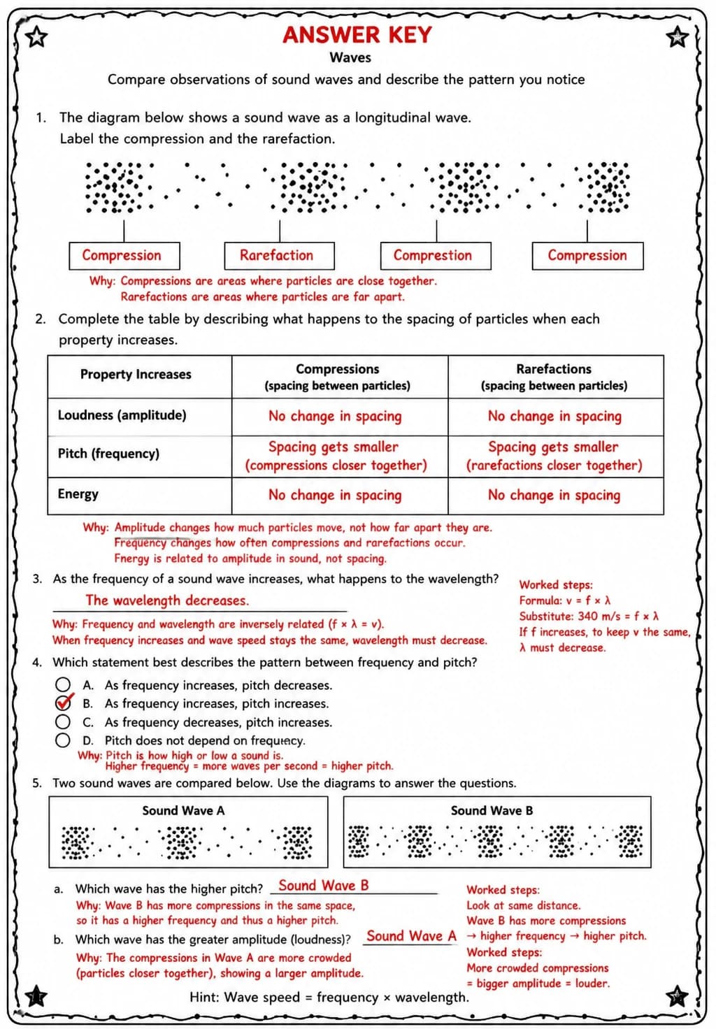 Answer key for Compare observations of sound waves and describe the pattern you notice — free printable Science worksheet