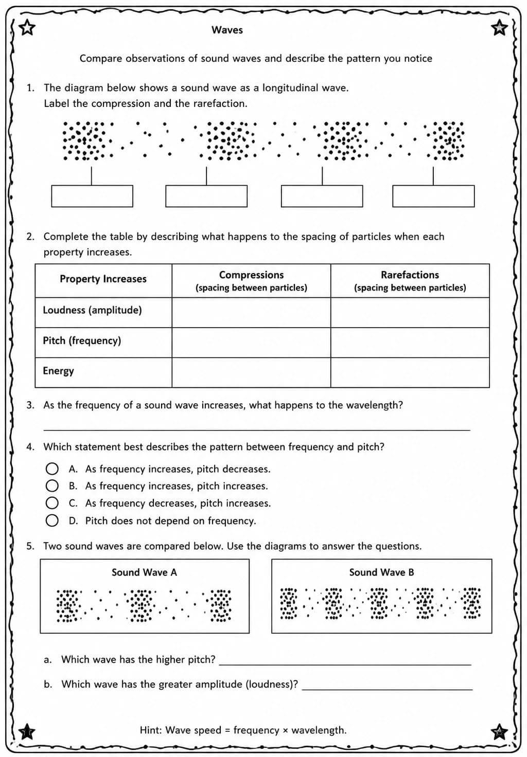 Compare observations of sound waves and describe the pattern you notice — free printable Middle School Science worksheet