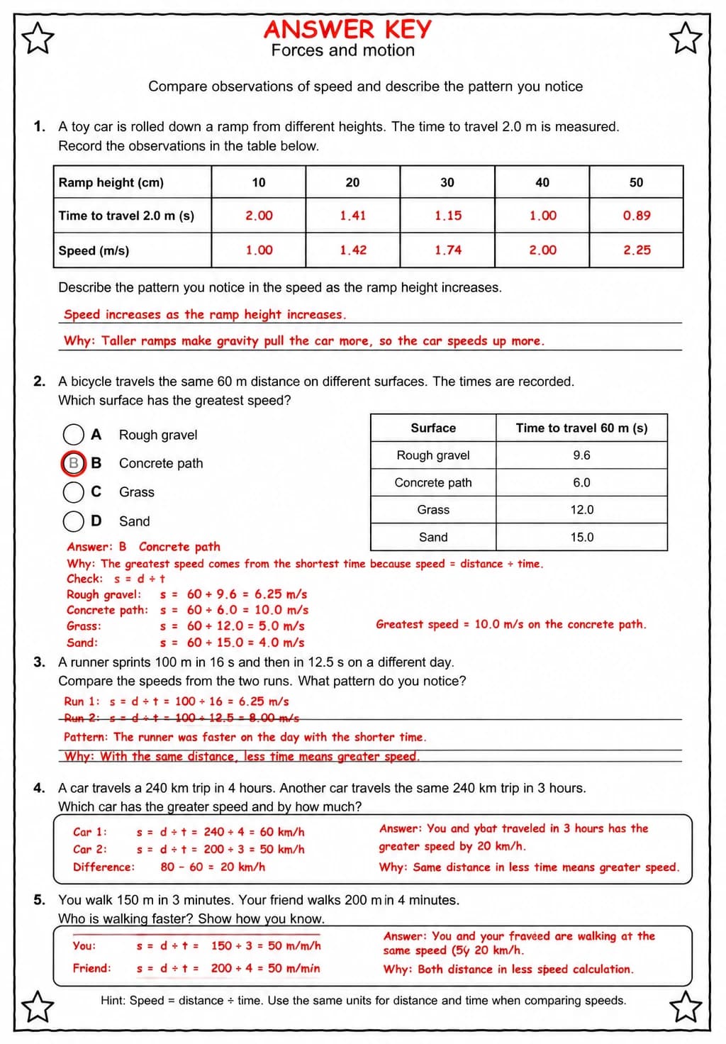 Answer key for Compare observations of speed and describe the pattern you notice — free printable Science worksheet