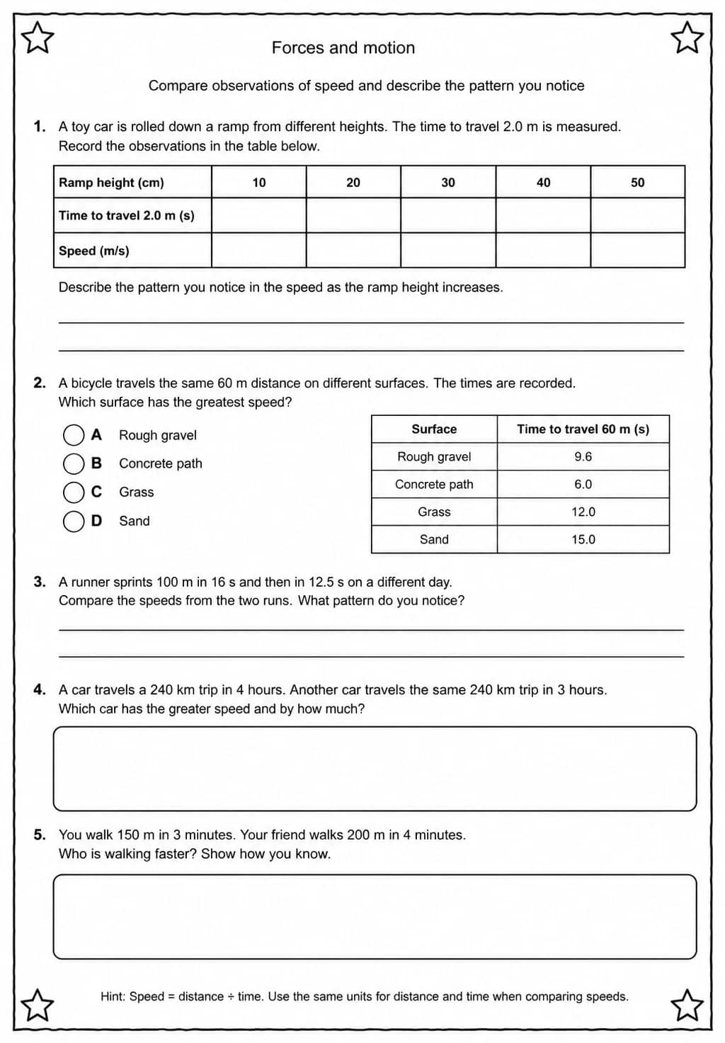 Compare observations of speed and describe the pattern you notice — free printable Middle School Science worksheet
