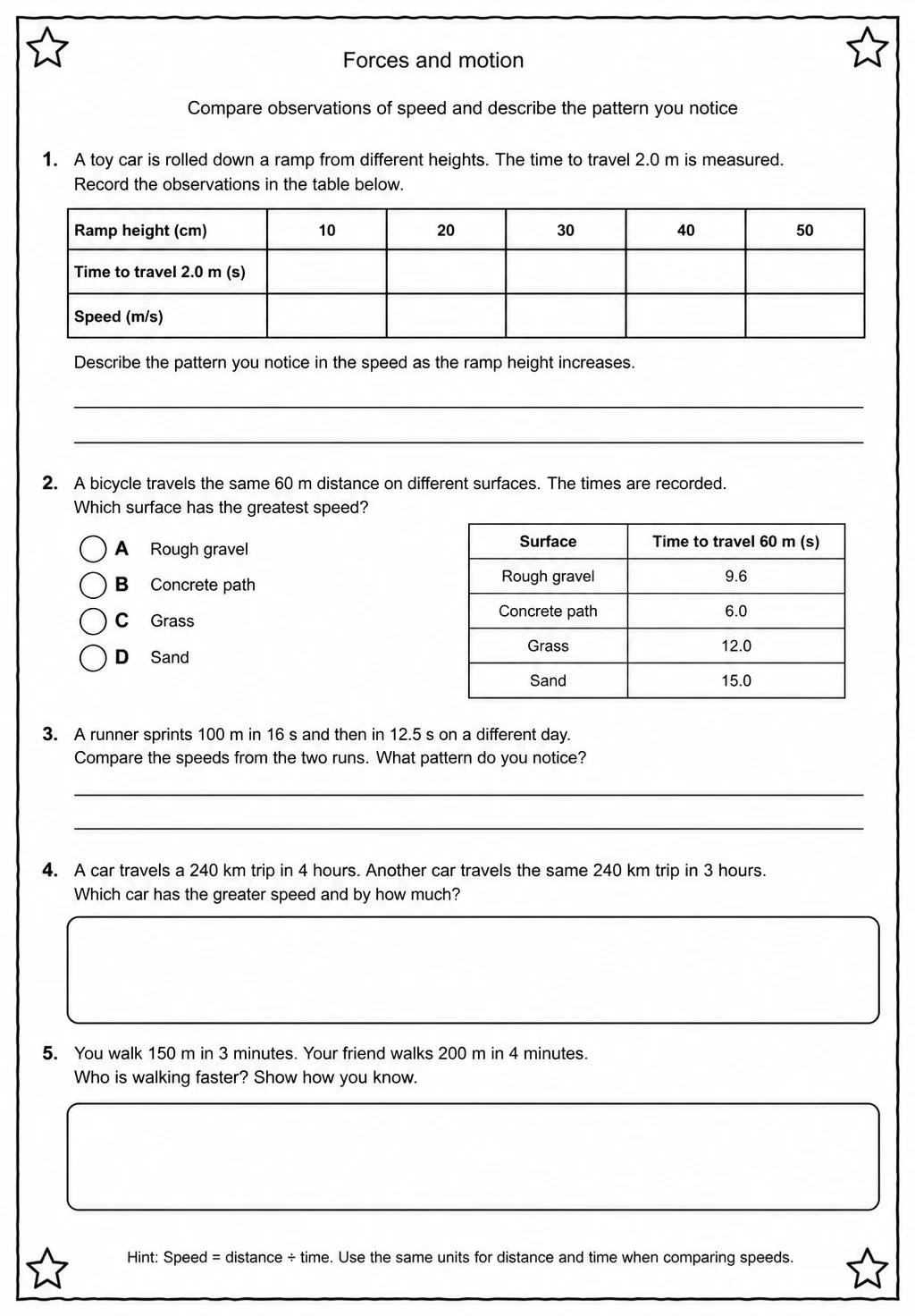 Compare observations of speed and describe the pattern you notice — free printable Middle School Science worksheet