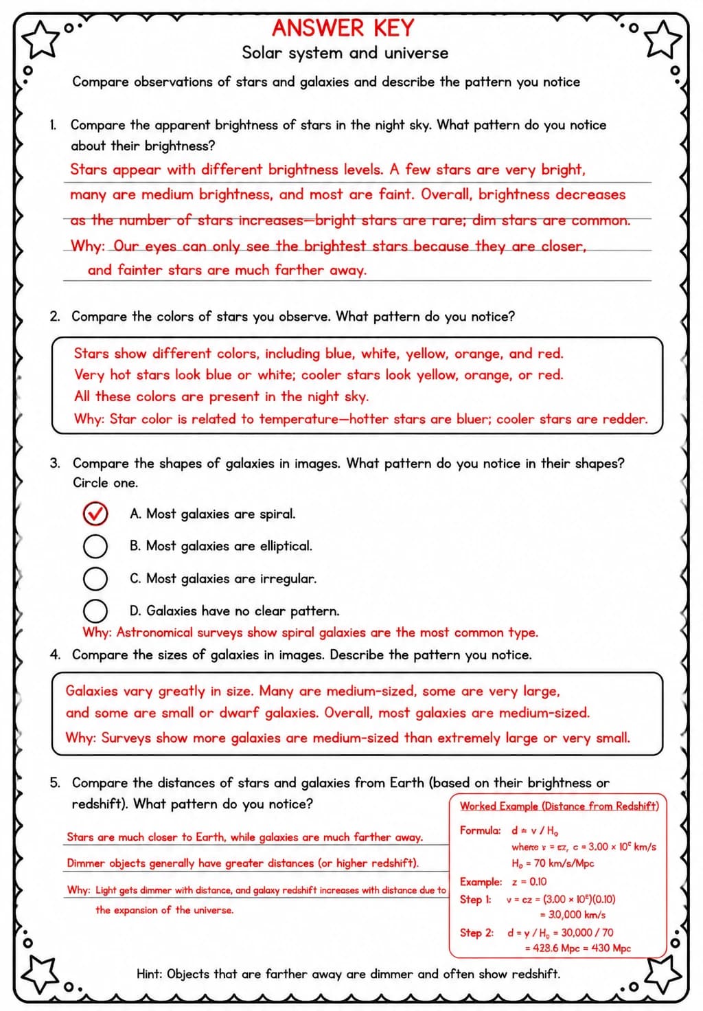 Answer key for Compare observations of stars and galaxies and describe the pattern you notice — free printable Science worksheet