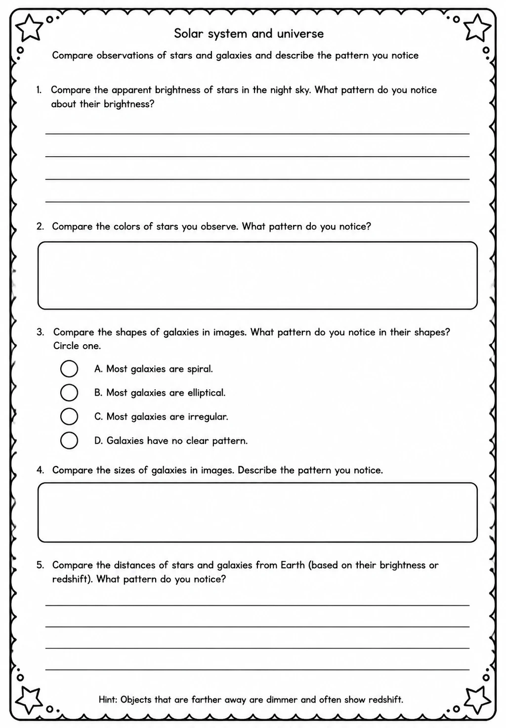 Compare observations of stars and galaxies and describe the pattern you notice — free printable Middle School Science worksheet