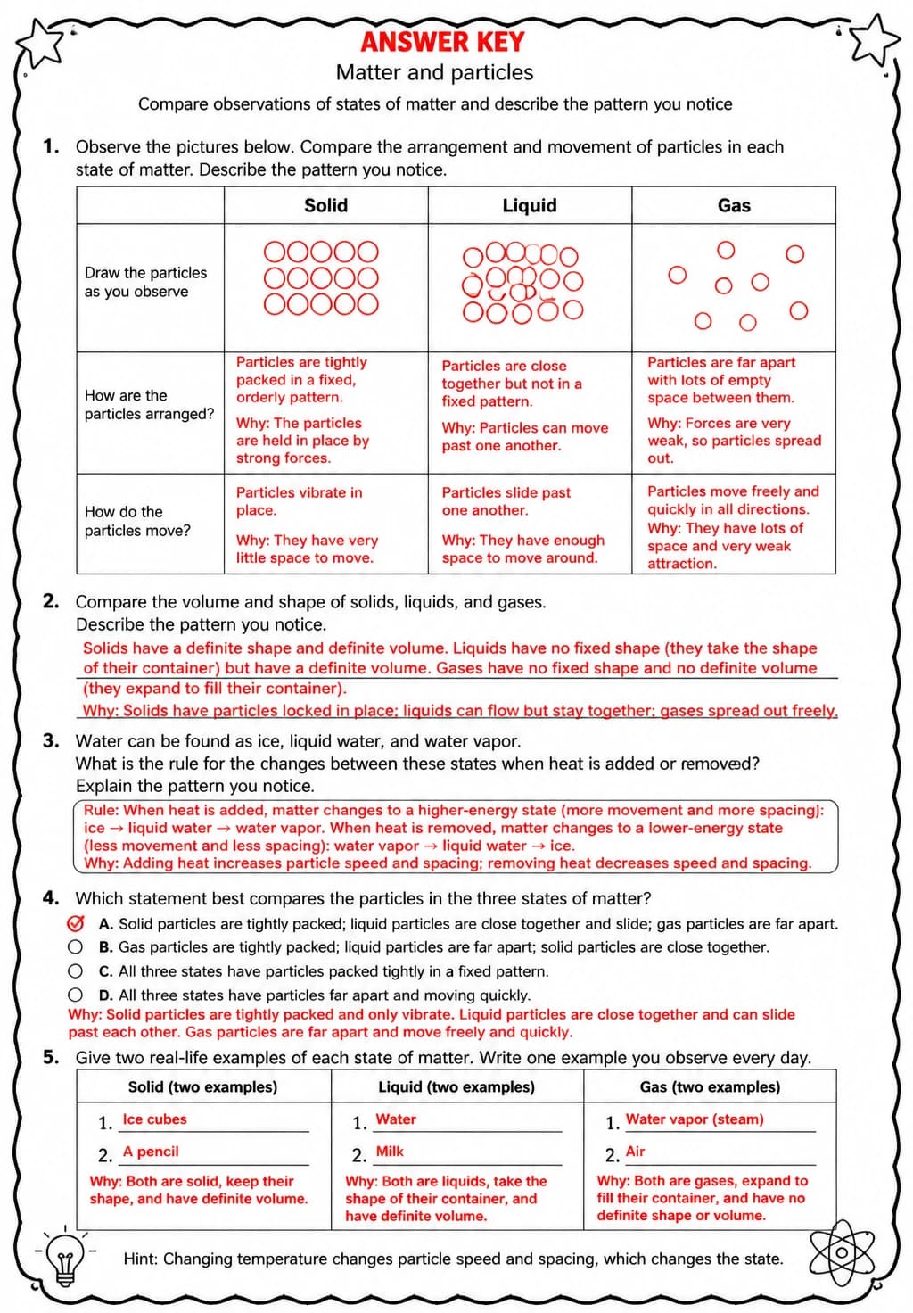 Answer key for Compare observations of states of matter and describe the pattern you notice — free printable Science worksheet