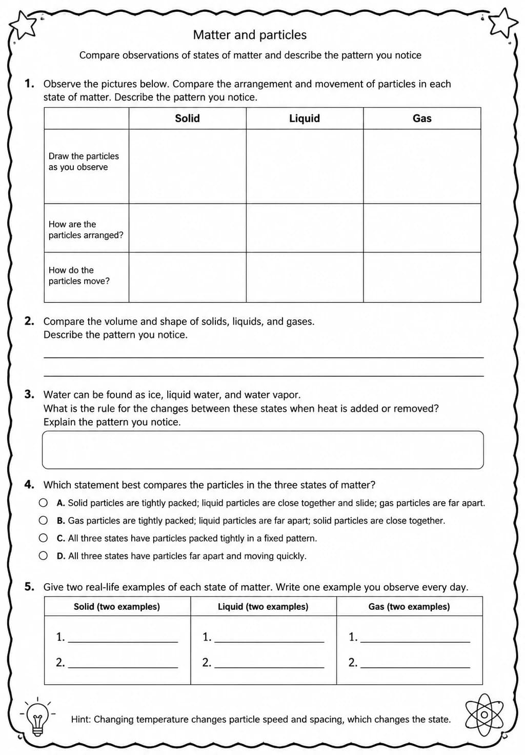 Compare observations of states of matter and describe the pattern you notice — free printable Middle School Science worksheet