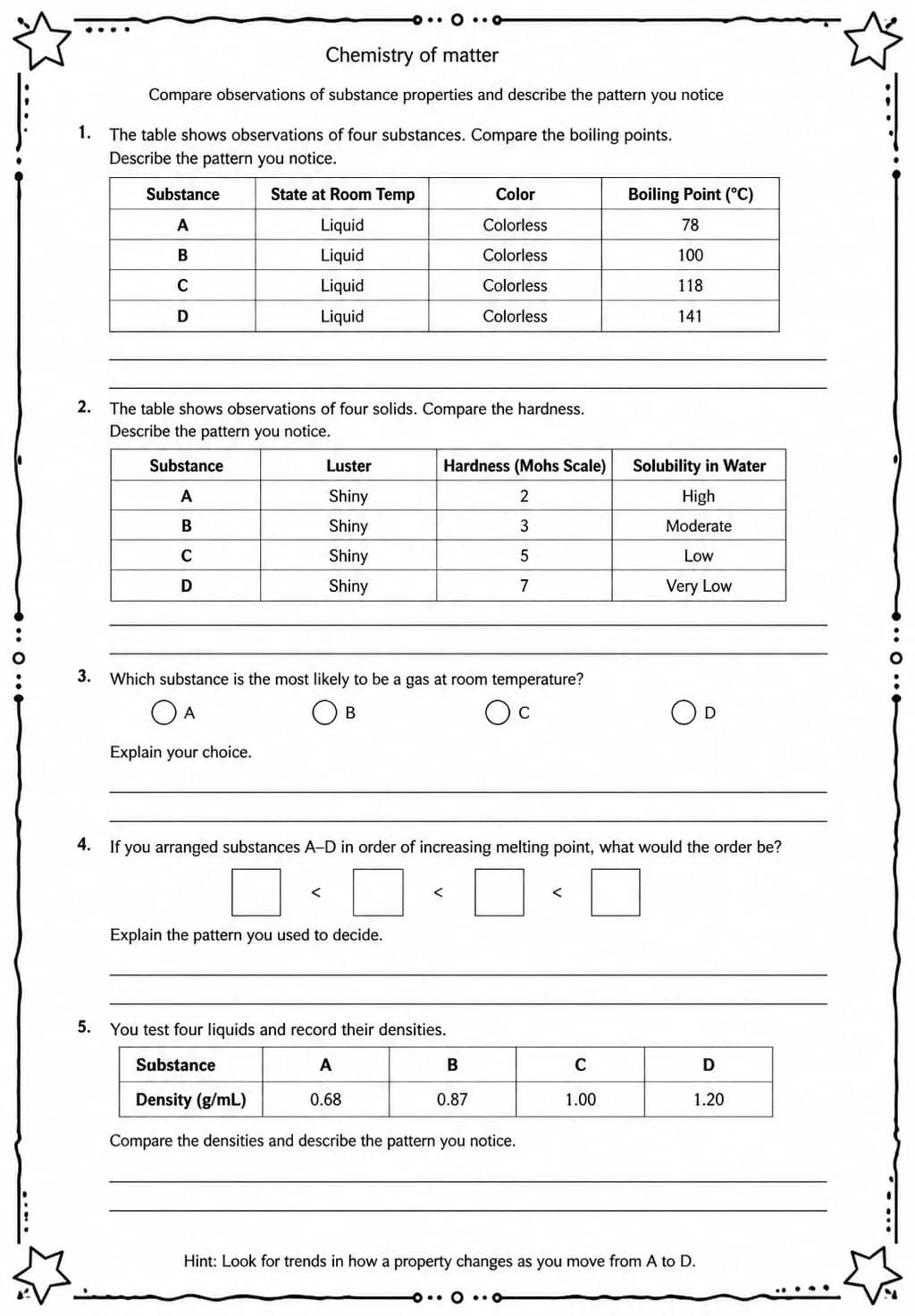 Compare observations of substance properties and describe the pattern you notice — free printable Middle School Science worksheet