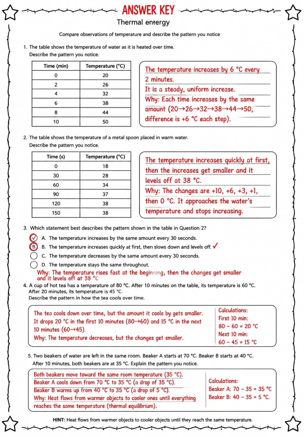 Answer key for Compare observations of temperature and describe the pattern you notice — free printable Science worksheet
