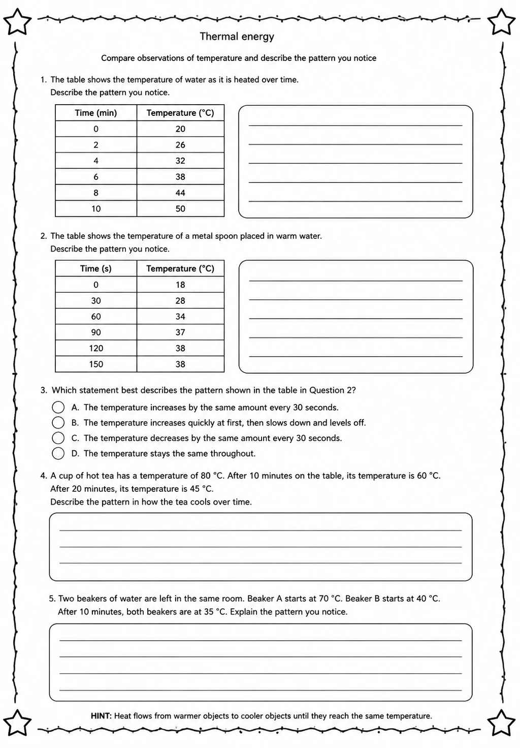 Compare observations of temperature and describe the pattern you notice — free printable Middle School Science worksheet
