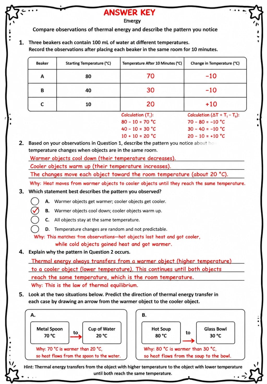 Answer key for Compare observations of thermal energy and describe the pattern you notice — free printable Science worksheet