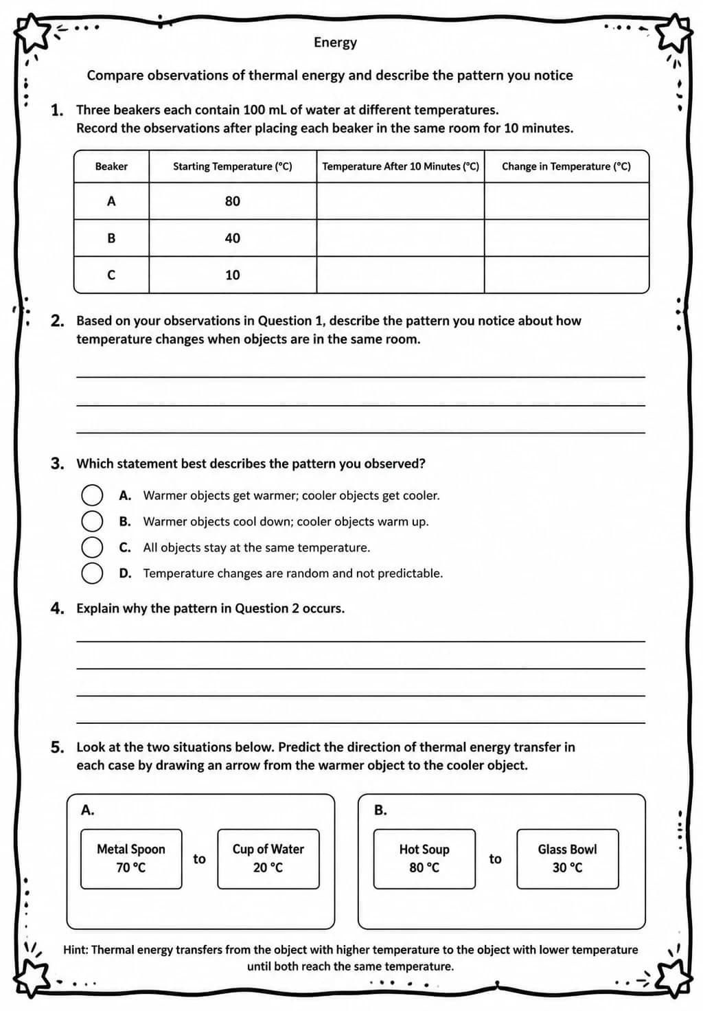 Compare observations of thermal energy and describe the pattern you notice — free printable Middle School Science worksheet