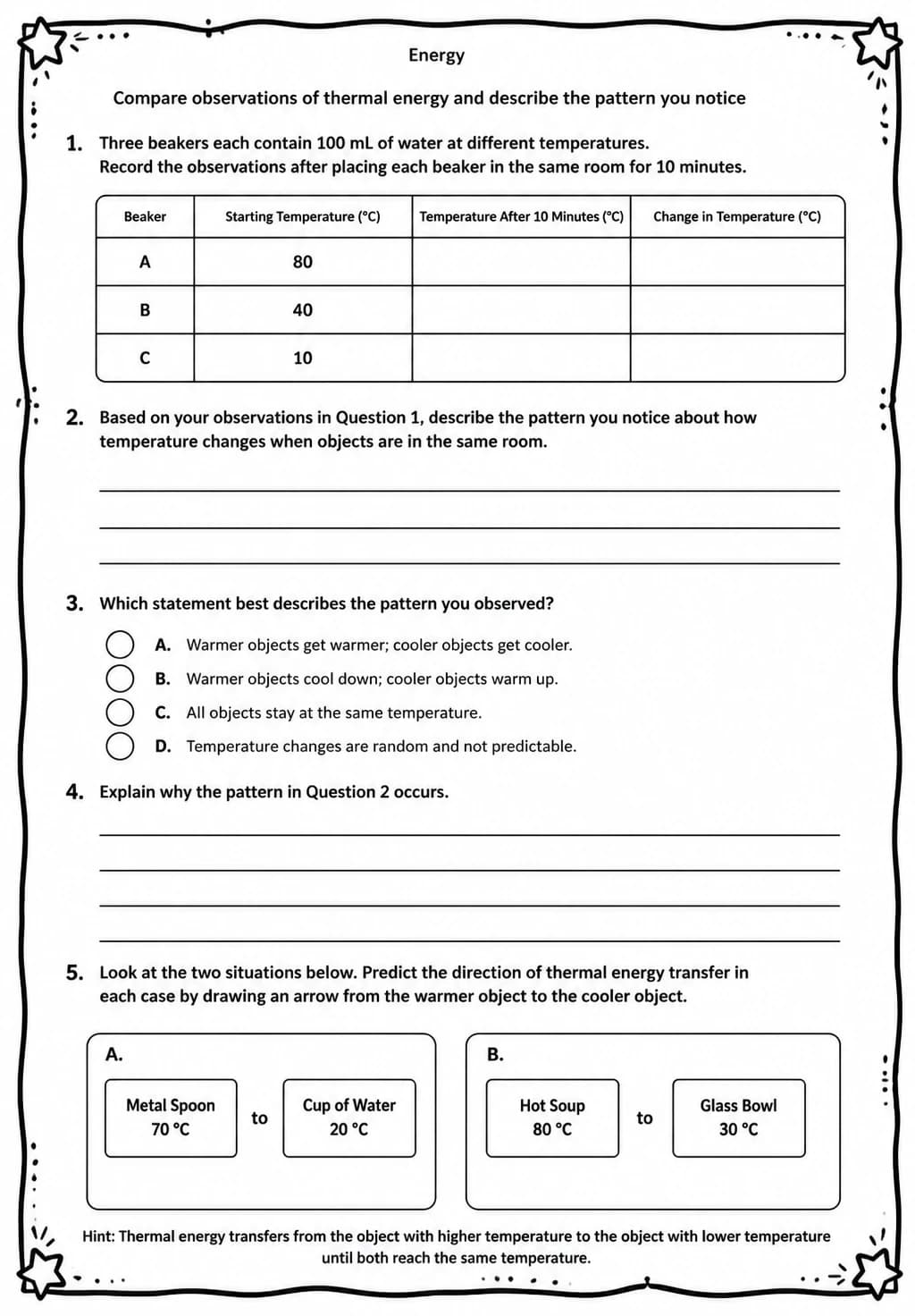 Compare observations of thermal energy and describe the pattern you notice — free printable Middle School Science worksheet