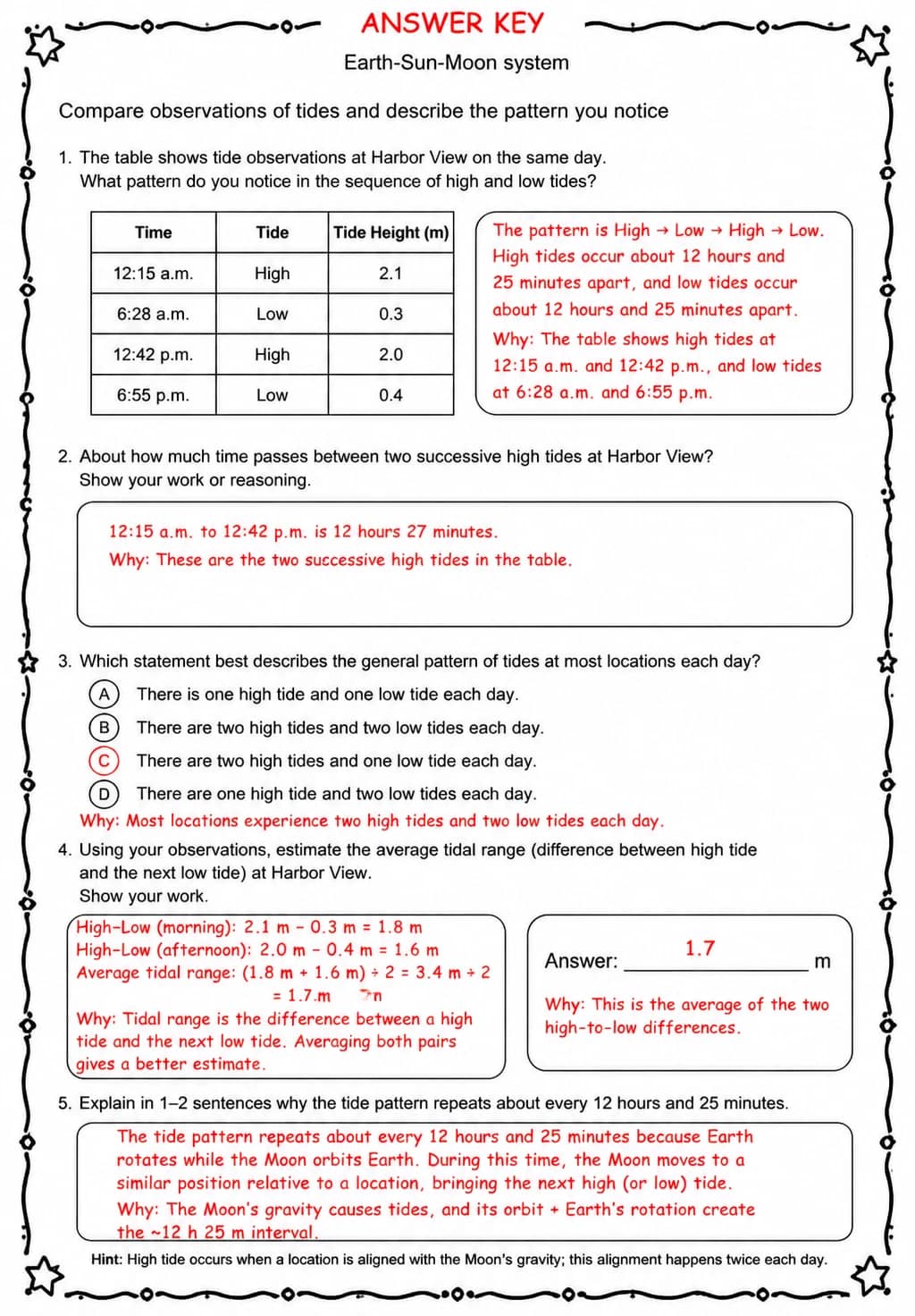 Answer key for Compare observations of tides and describe the pattern you notice — free printable Science worksheet