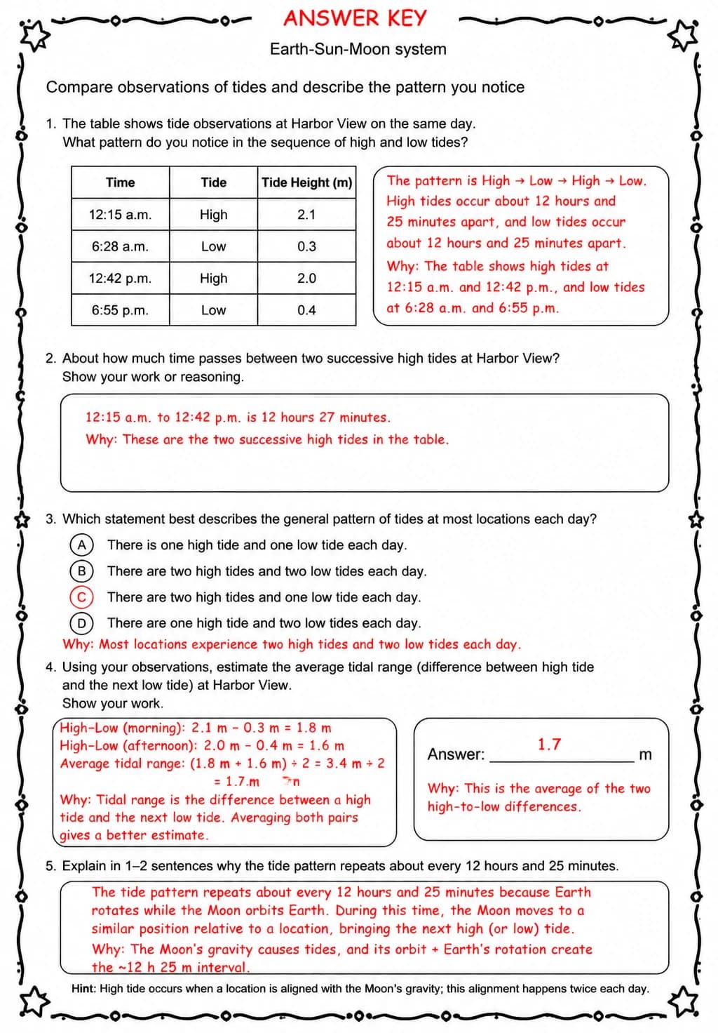 Answer key for Compare observations of tides and describe the pattern you notice — free printable Science worksheet