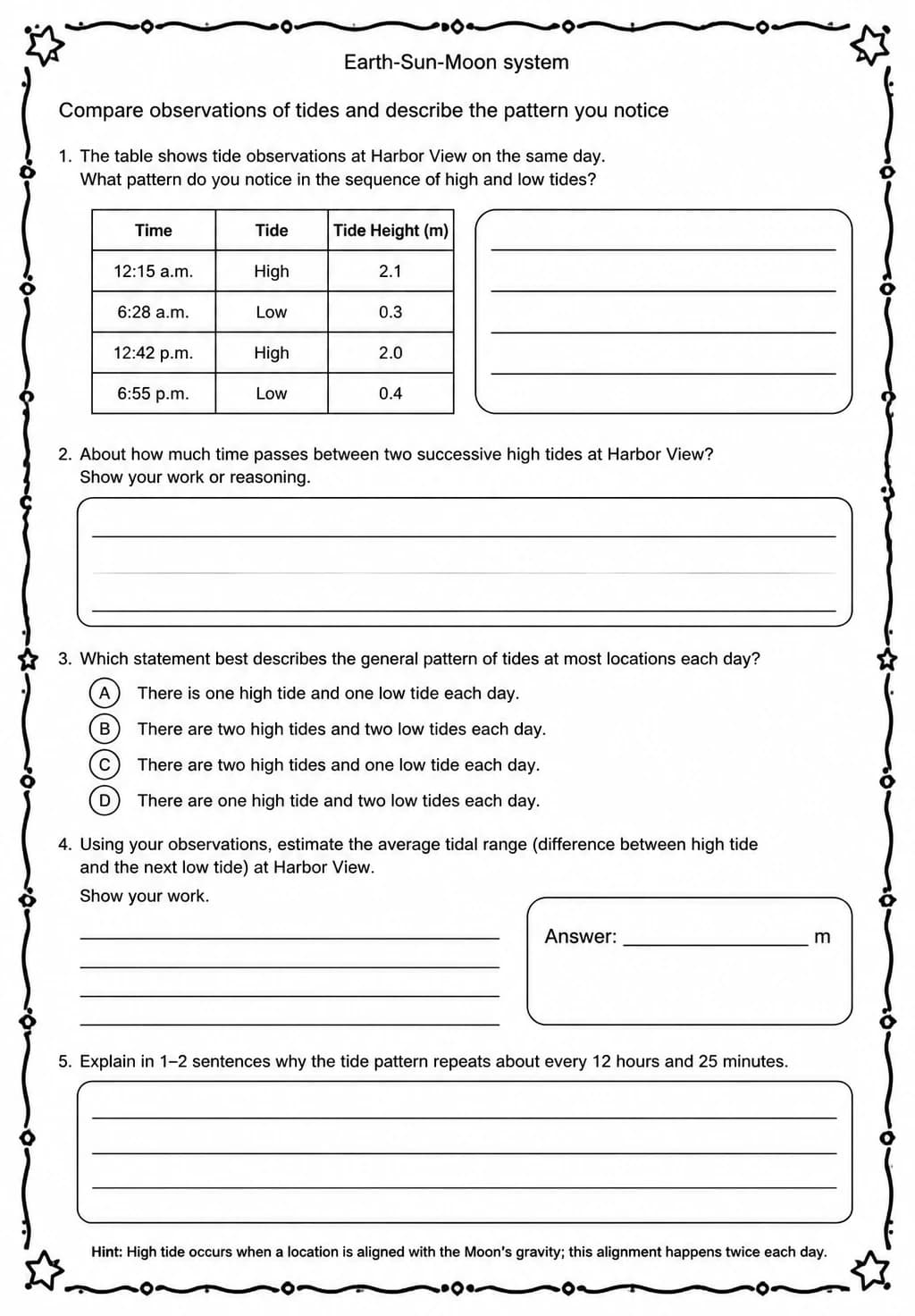 Compare observations of tides and describe the pattern you notice — free printable Middle School Science worksheet