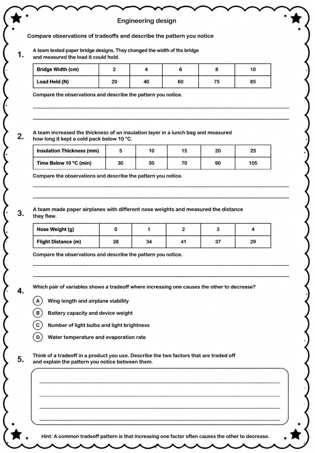 Compare observations of tradeoffs and describe the pattern you notice — free printable Middle School Science worksheet