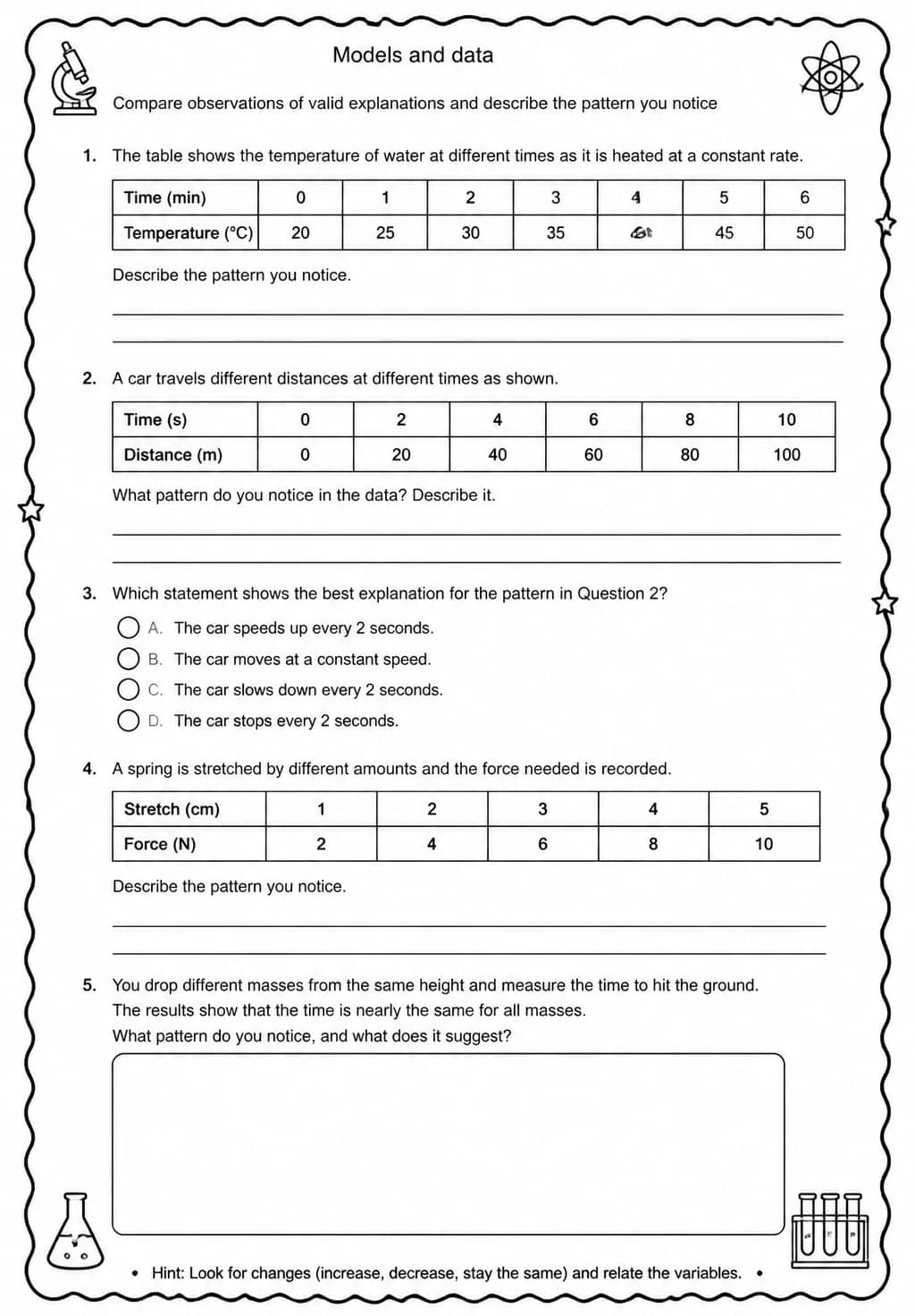 Compare observations of valid explanations and describe the pattern you notice — free printable Middle School Science worksheet