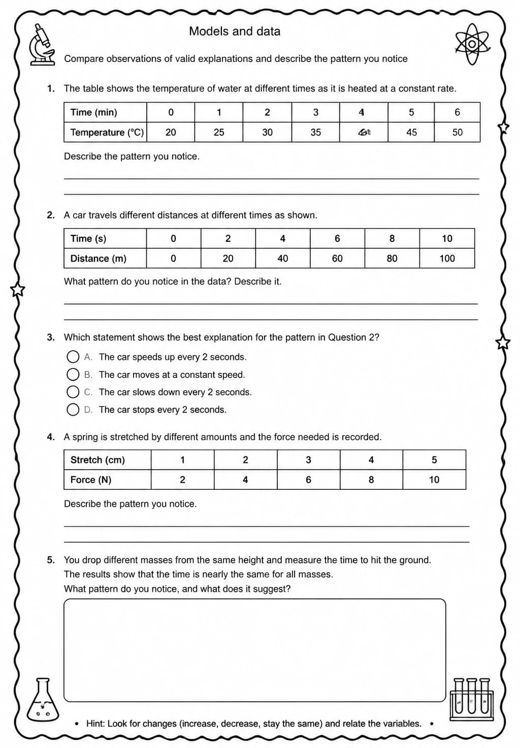 Compare observations of valid explanations and describe the pattern you notice — free printable Middle School Science worksheet