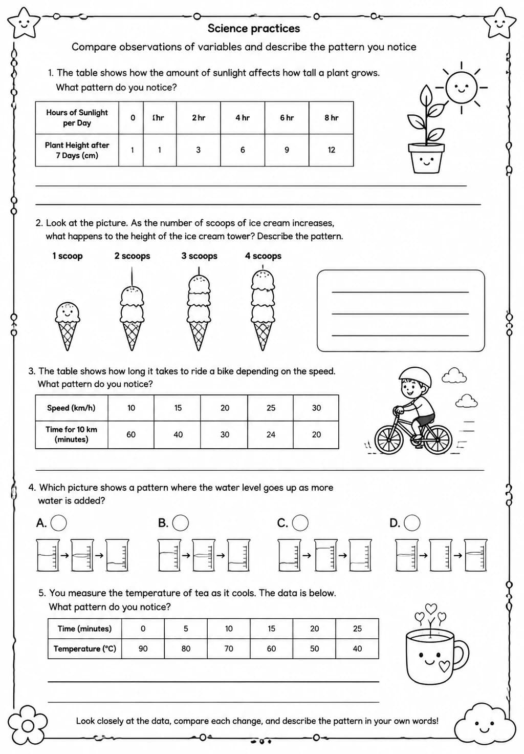 Compare observations of variables and describe the pattern you notice — free printable Grade 4 Science worksheet