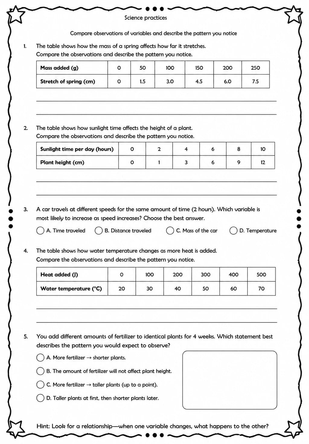 Compare observations of variables and describe the pattern you notice — free printable Middle School Science worksheet