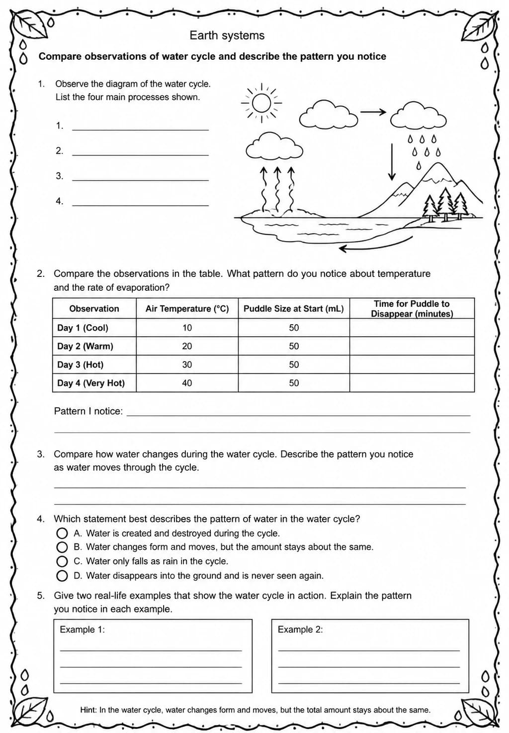 Compare observations of water cycle and describe the pattern you notice — free printable Middle School Science worksheet