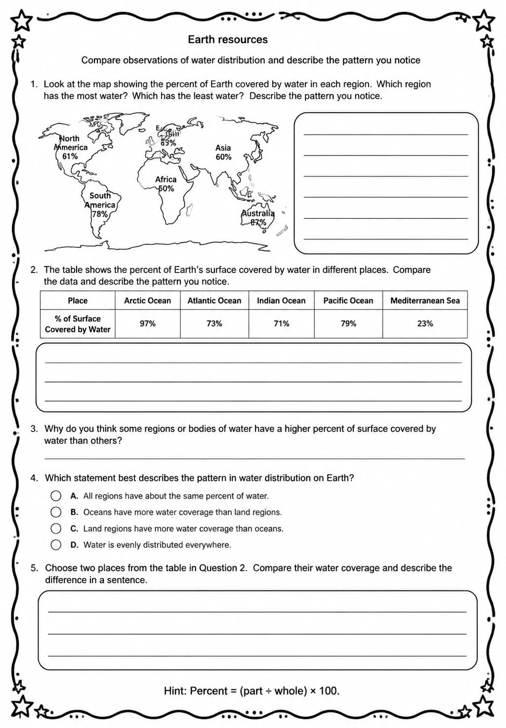 Compare observations of water distribution and describe the pattern you notice — free printable Grade 5 Science worksheet