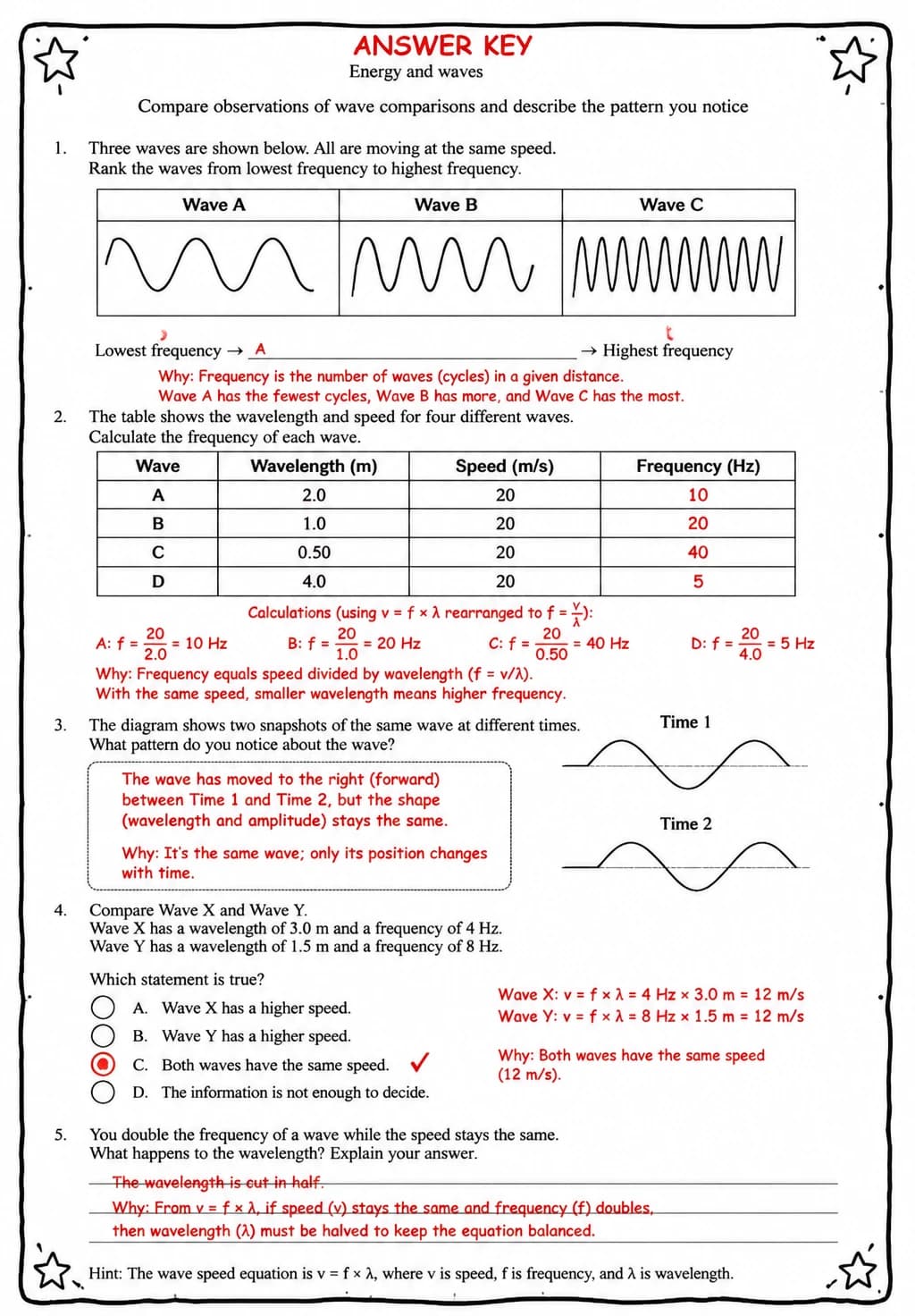 Answer key for Compare observations of wave comparisons and describe the pattern you notice — free printable Science worksheet