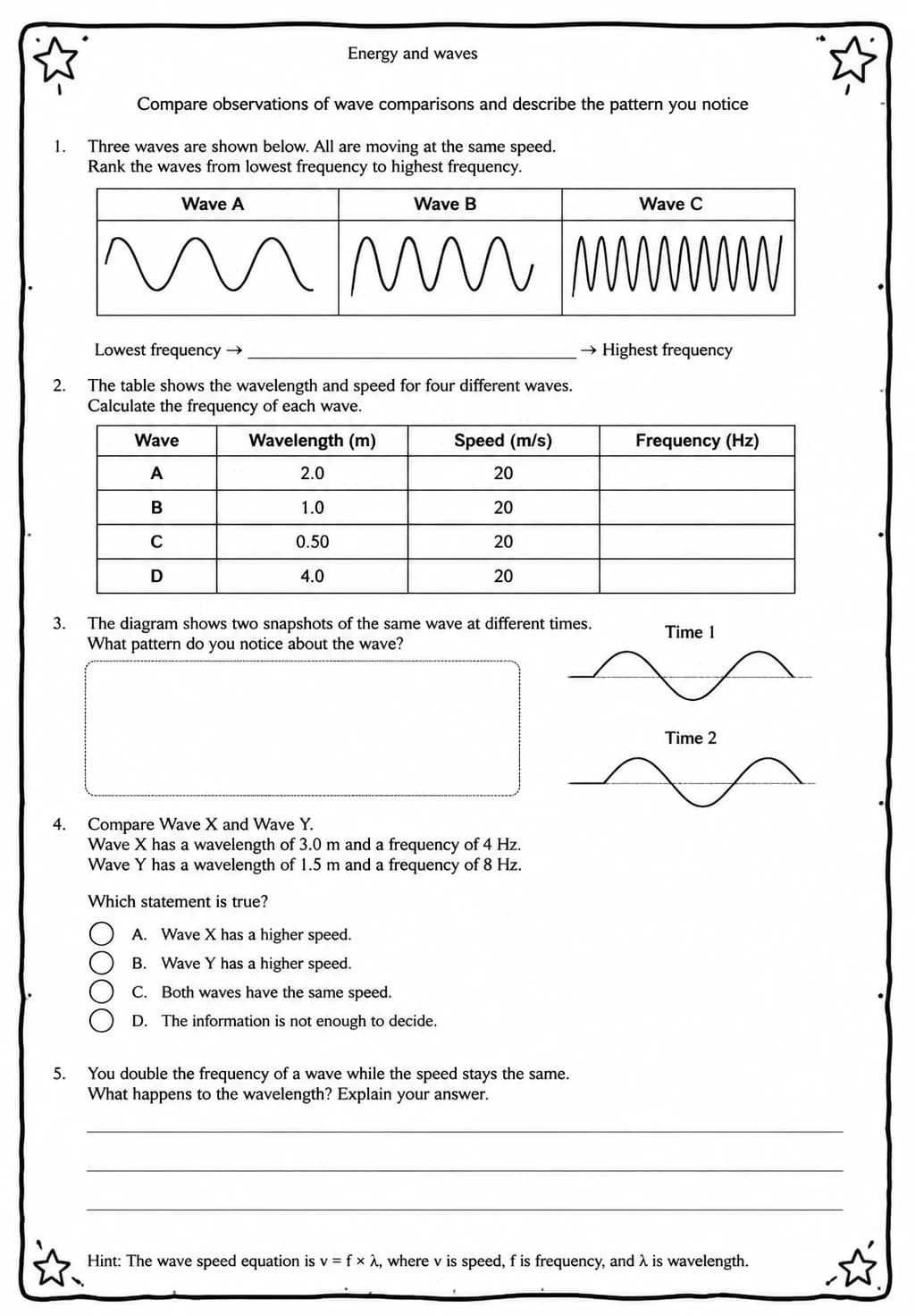 Compare observations of wave comparisons and describe the pattern you notice — free printable Middle School Science worksheet