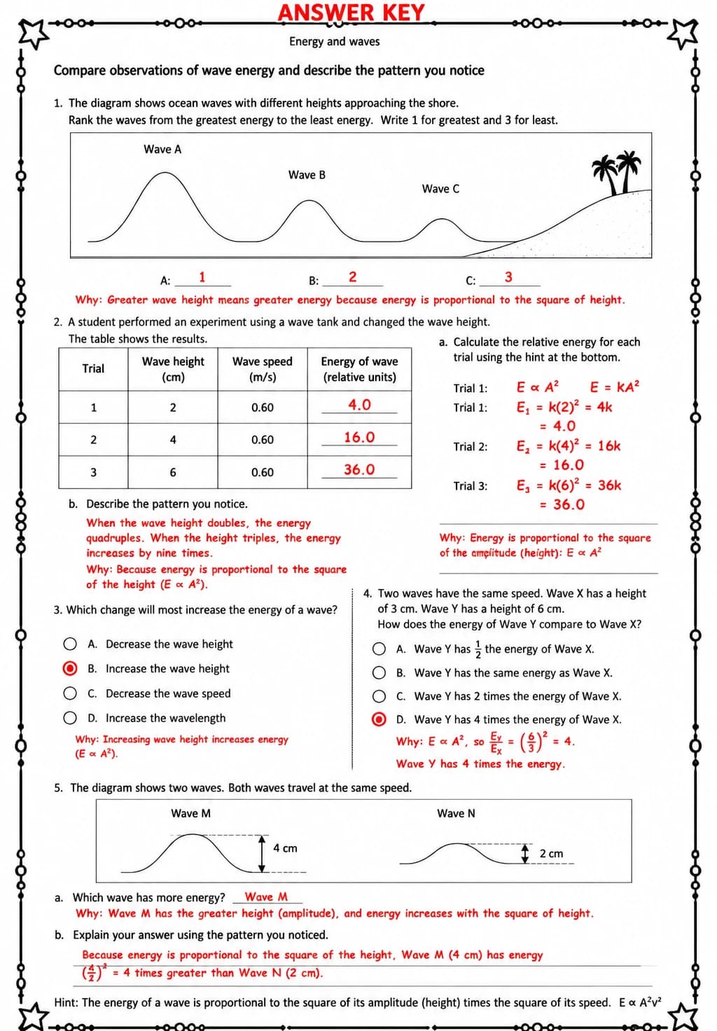 Answer key for Compare observations of wave energy and describe the pattern you notice — free printable Science worksheet