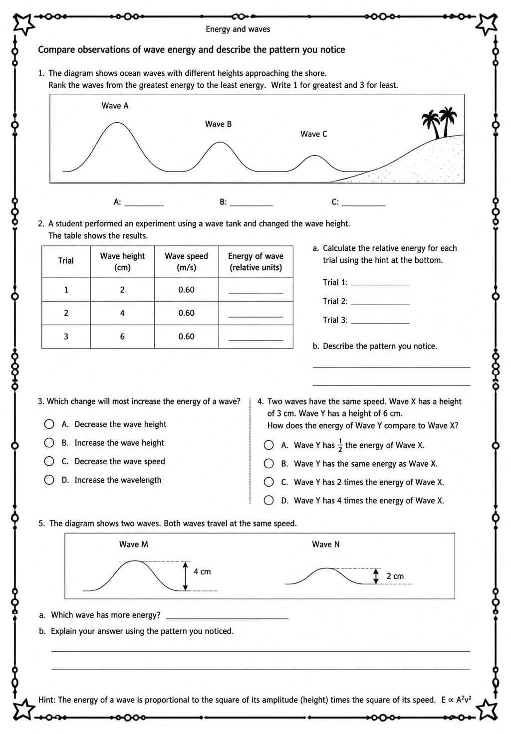Compare observations of wave energy and describe the pattern you notice — free printable Middle School Science worksheet