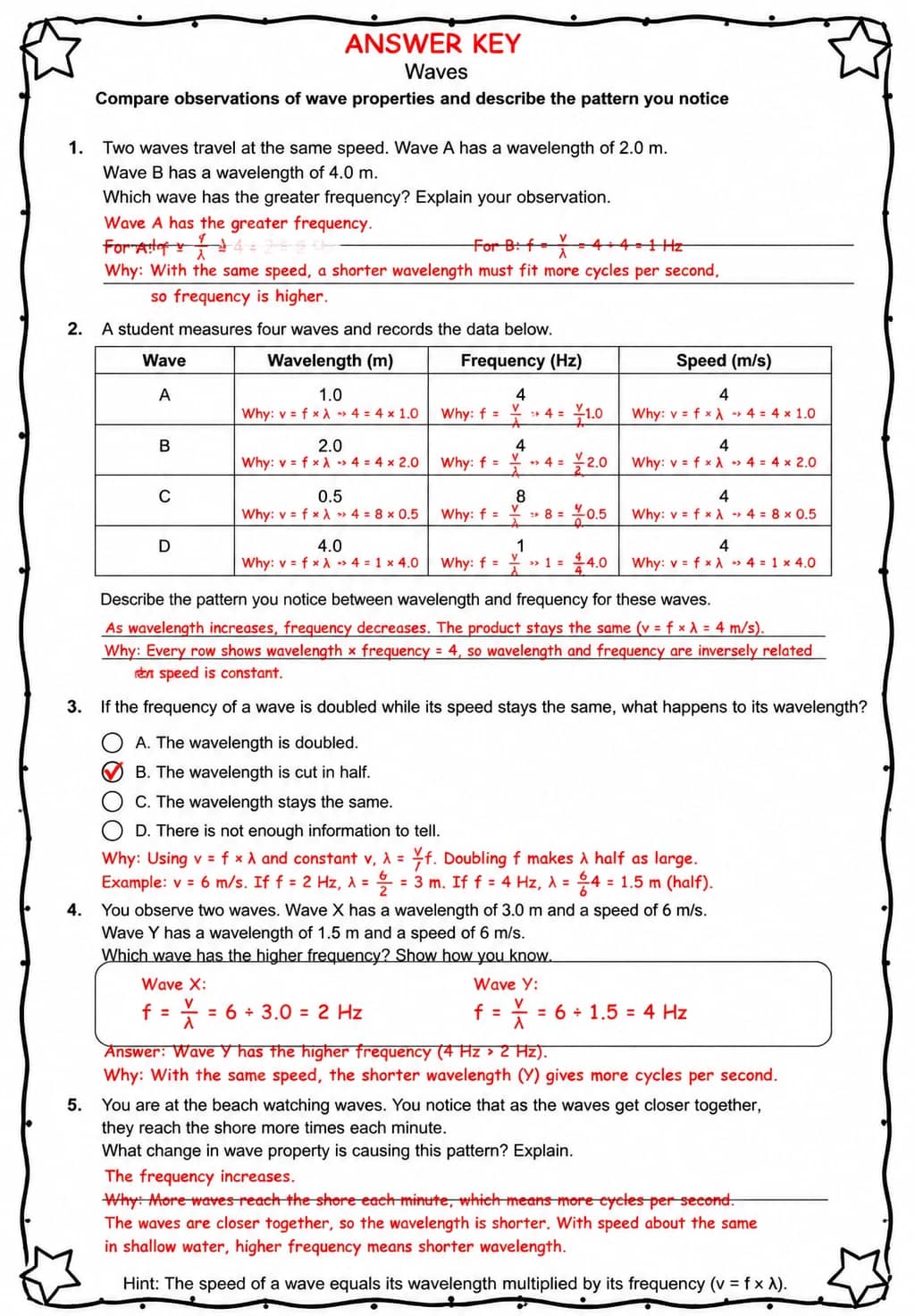 Answer key for Compare observations of wave properties and describe the pattern you notice — free printable Science worksheet