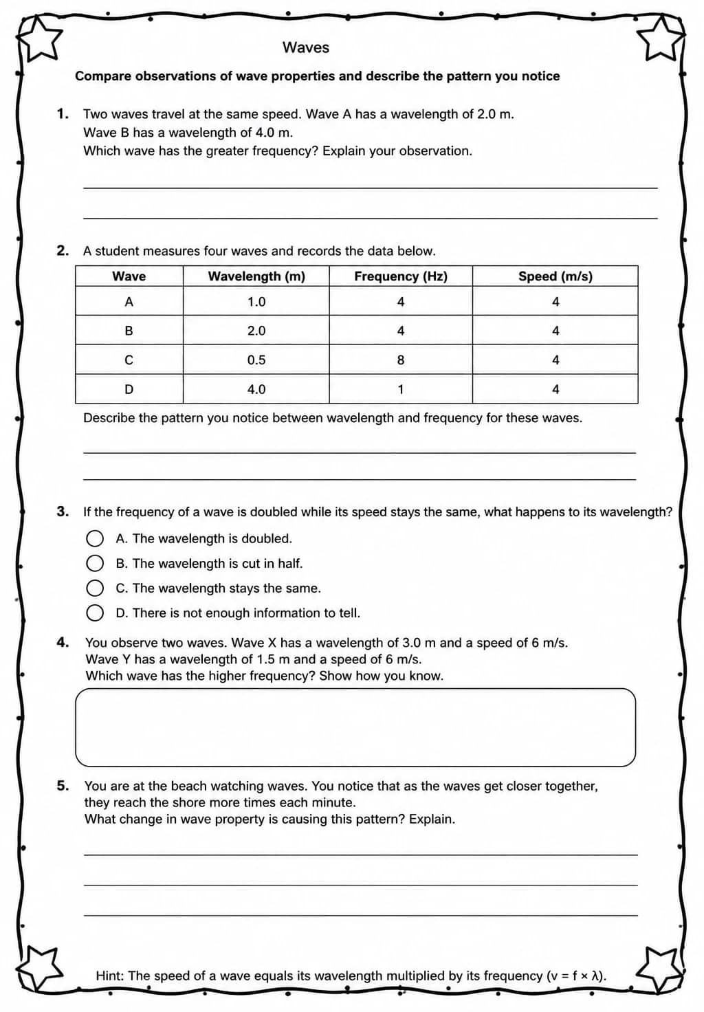 Compare observations of wave properties and describe the pattern you notice — free printable Middle School Science worksheet