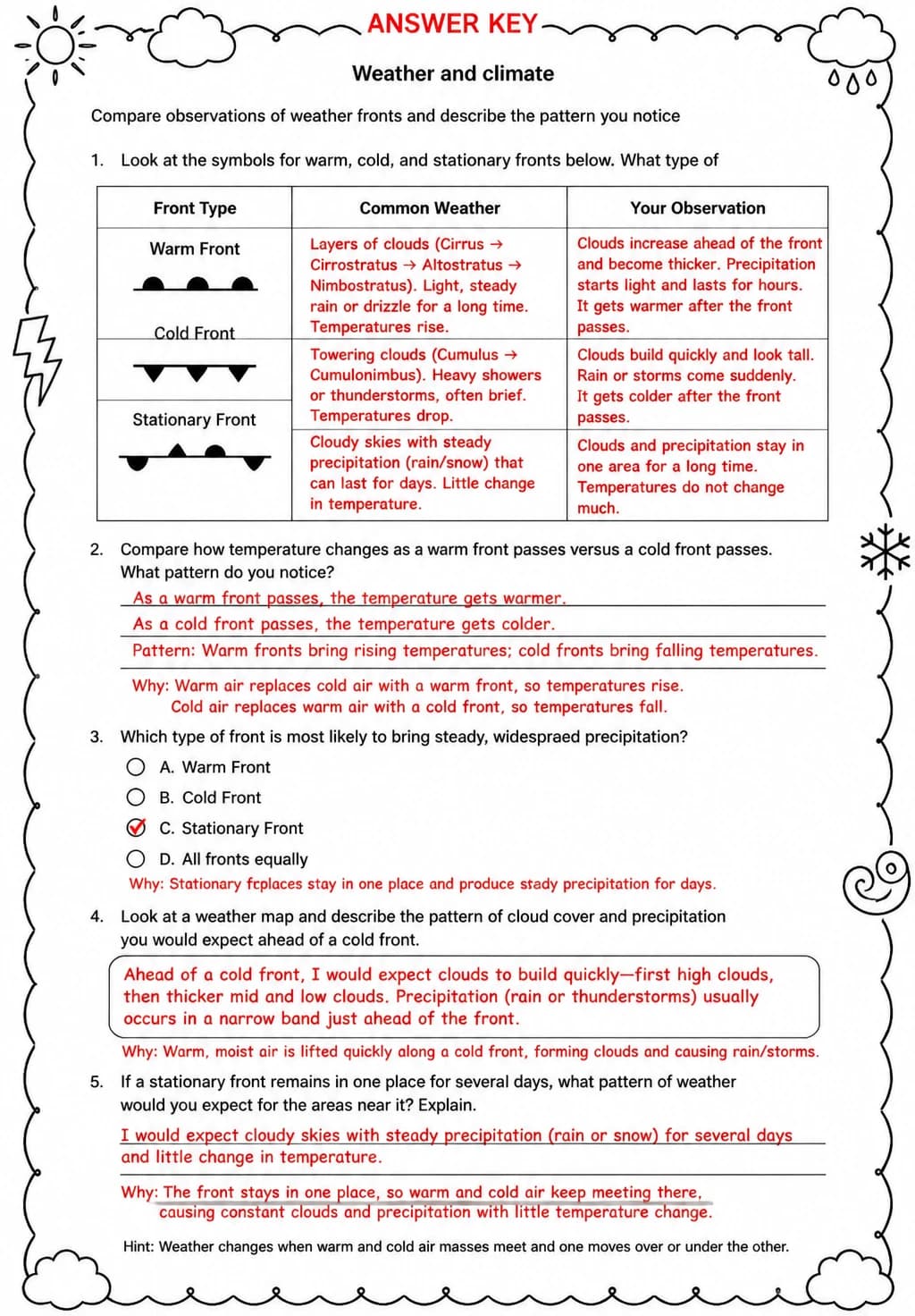 Answer key for Compare observations of weather fronts and describe the pattern you notice — free printable Science worksheet