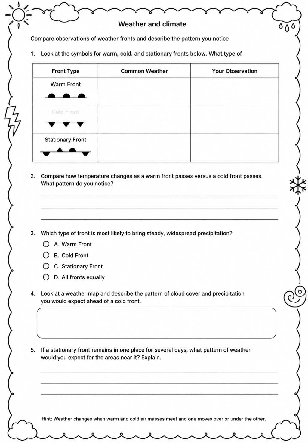 Compare observations of weather fronts and describe the pattern you notice — free printable Middle School Science worksheet