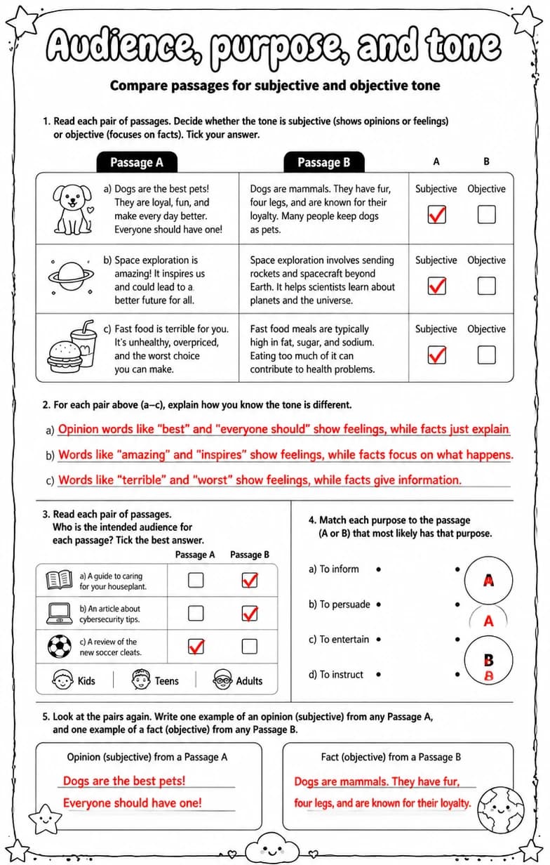 Answer key for Compare passages for subjective and objective tone — free printable English & Reading worksheet