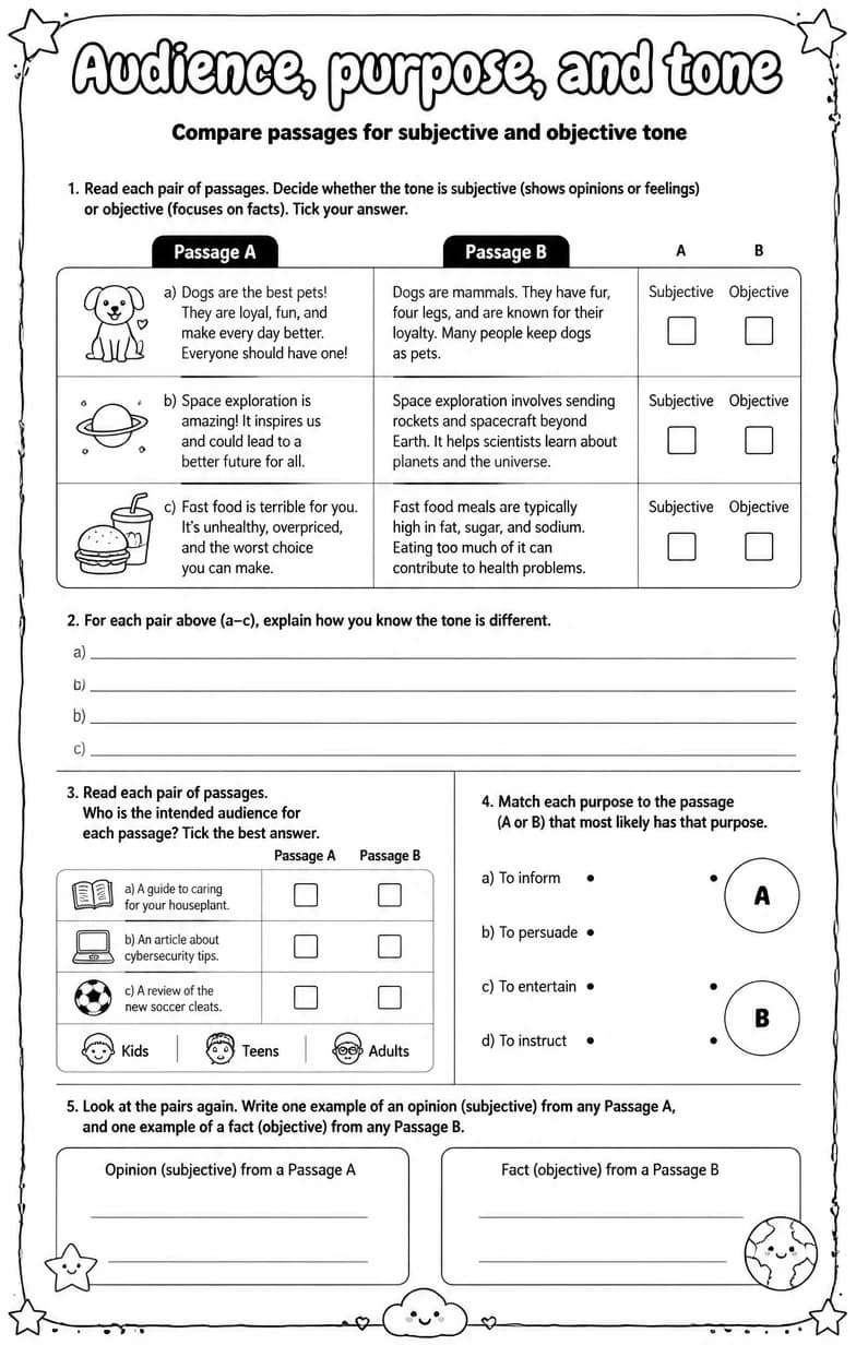 Compare passages for subjective and objective tone — free printable Reading strategies English worksheet