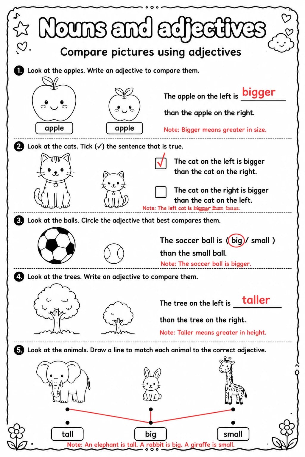 Answer key for Compare pictures using adjectives — free printable English & Reading worksheet