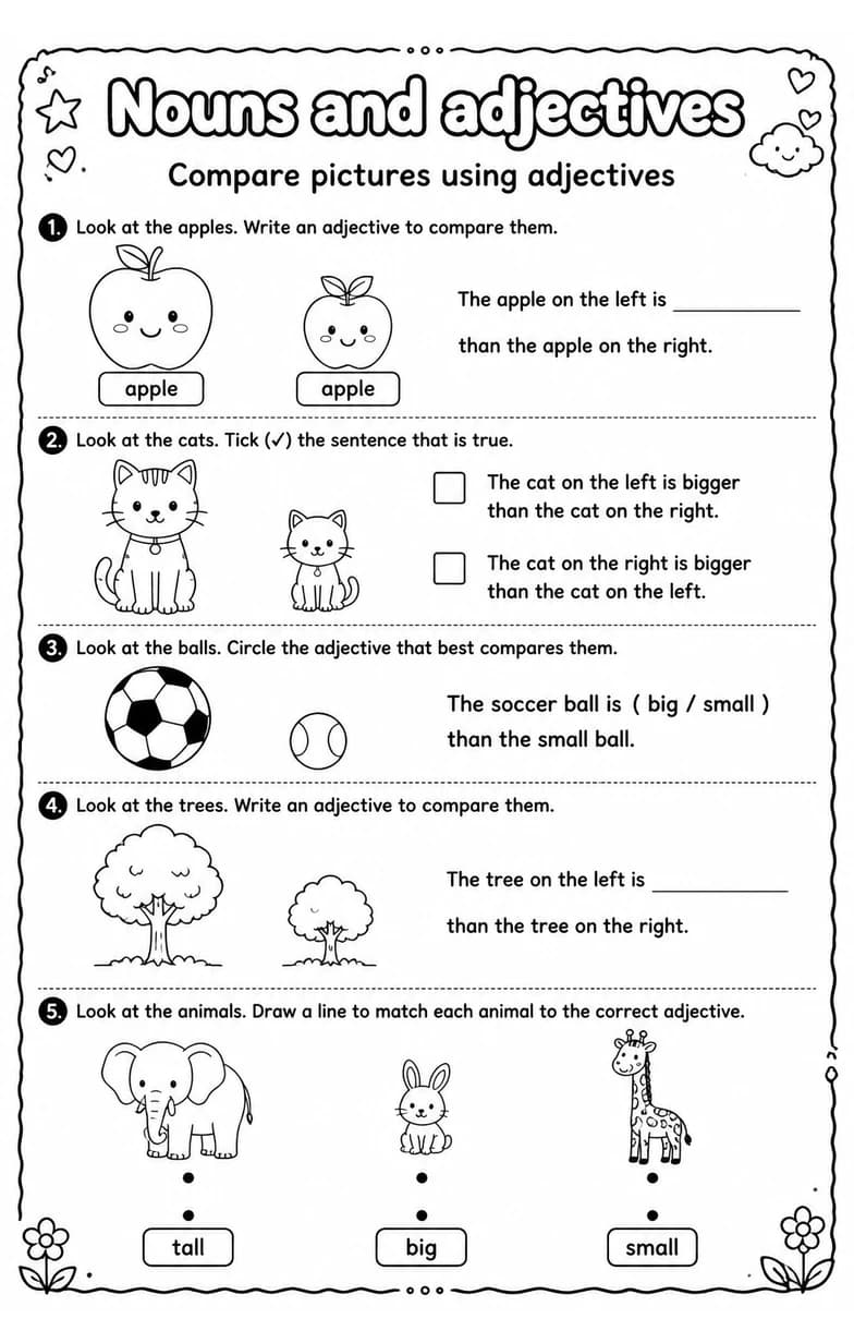 Compare pictures using adjectives — free printable Vocabulary English worksheet