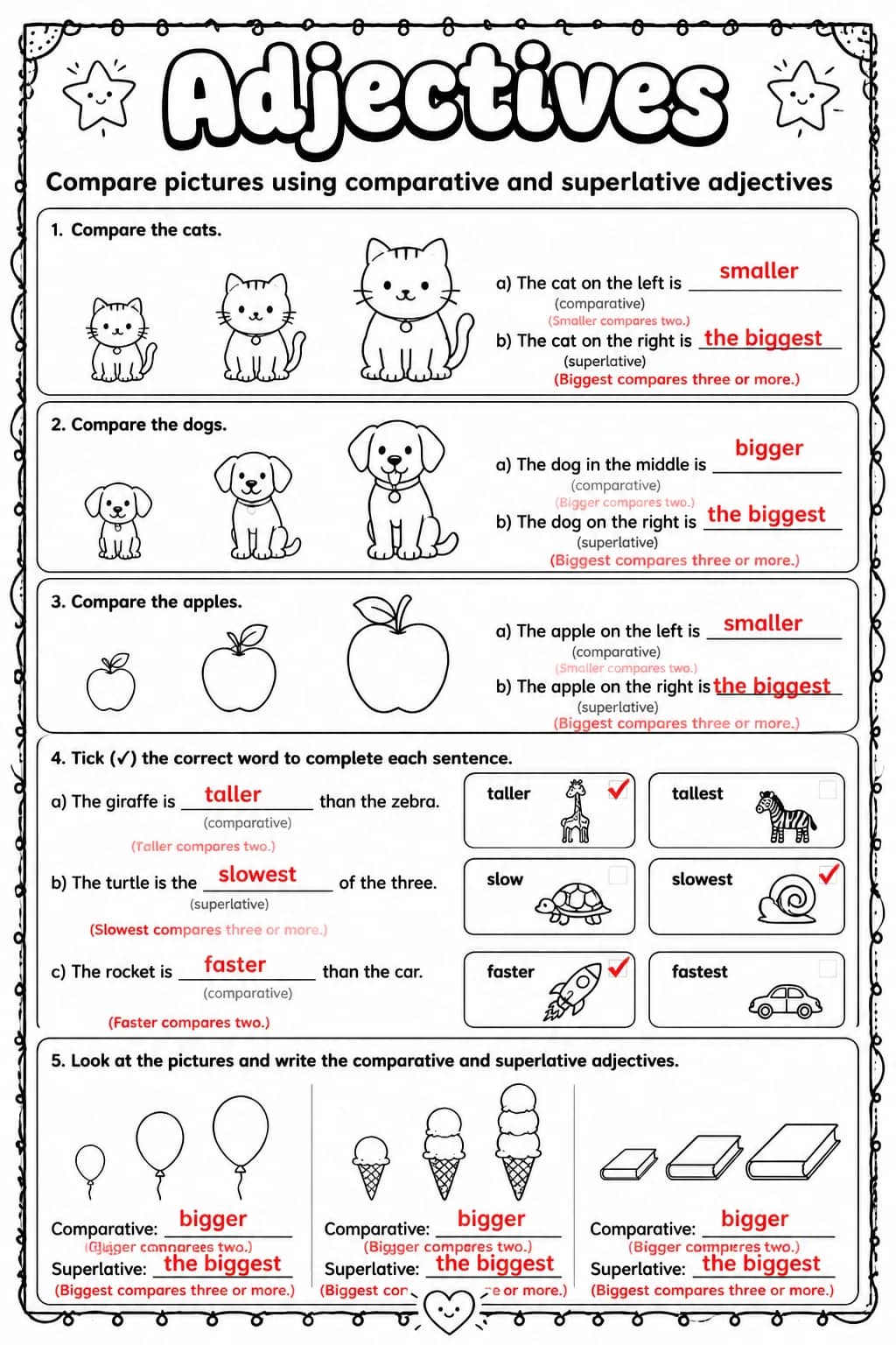 Answer key for Compare pictures using comparative and superlative adjectives — free printable English & Reading worksheet